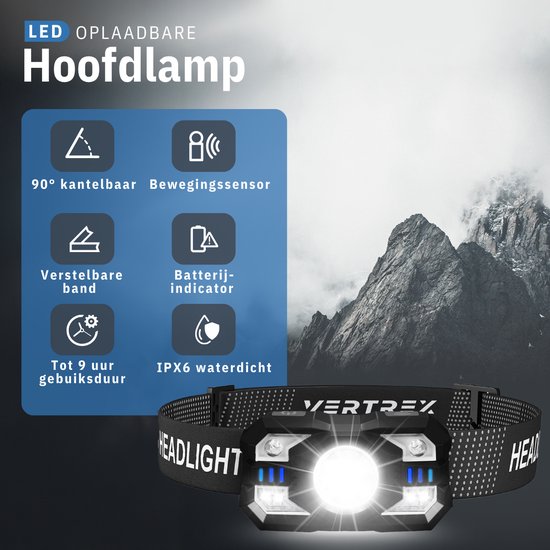 Vertrex Headlamp LED Rechargeable - Stirnlampe - Stirnlampe - Haupttaschenlampe - Weißes & rotes Licht