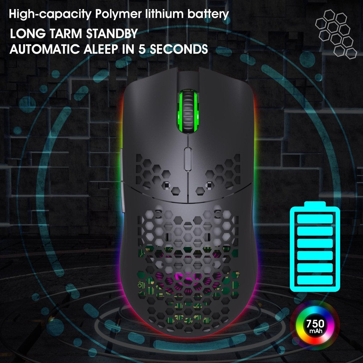 HXSJ T66 2.4G Wireless Gaming Maus - Ultraleicht - RGB Beleuchtung - Schwarz