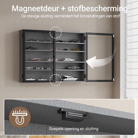 SoBuy Wandvitrine – 4 verstellbare Einlegeböden – Glastüren – 80 x 12,2 x 60 cm – Schwarz/Grau