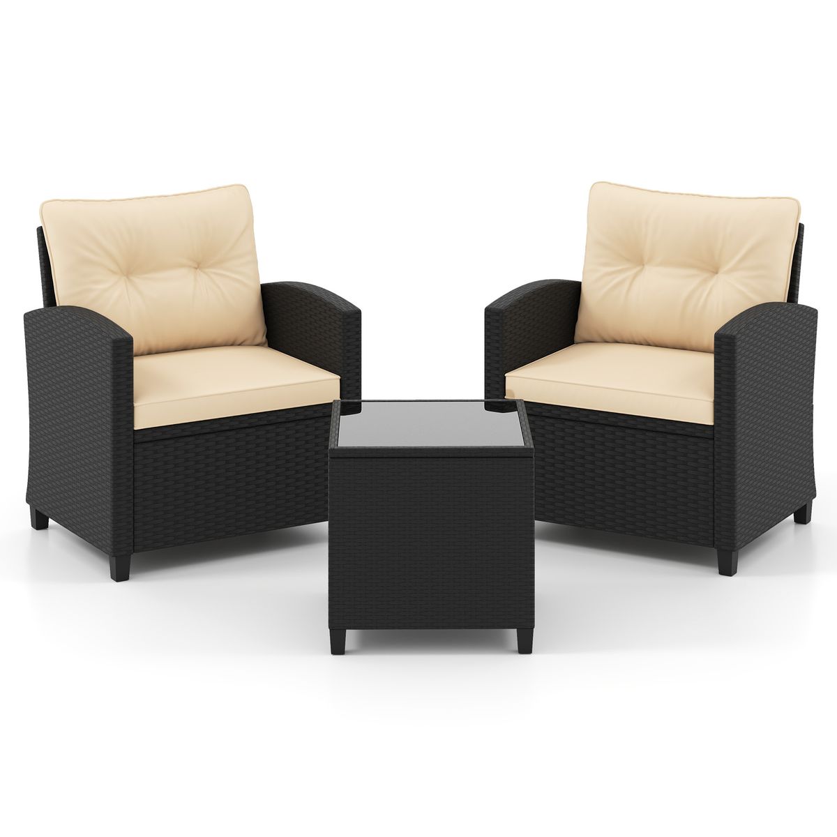 Coast 3-teiliges Rattan-Lounge-Set – mit Sitz- und Rückenkissen – Beistelltisch – beige
