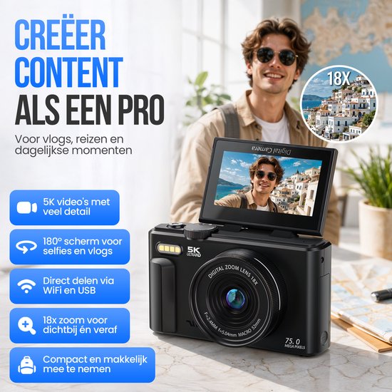 Strex Digitalkamera 5K 75 MP – Fotokamera – Kompaktkamera mit WLAN – Vlog-Kamera – Fotokamera für Kinder – 18-facher Zoom – schwenkbares Display – Schwarz