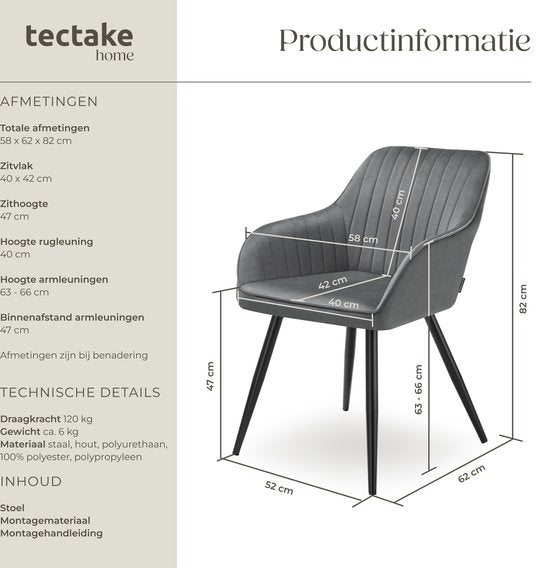 tectake® – Samtstuhl mit Steppmuster – Moderner Esszimmerstuhl – Schalensessel – Für Wohnzimmer, Esszimmer, Lounge oder als Frisiertischstuhl – Verschiedene Farben – Grau/Schwarz
