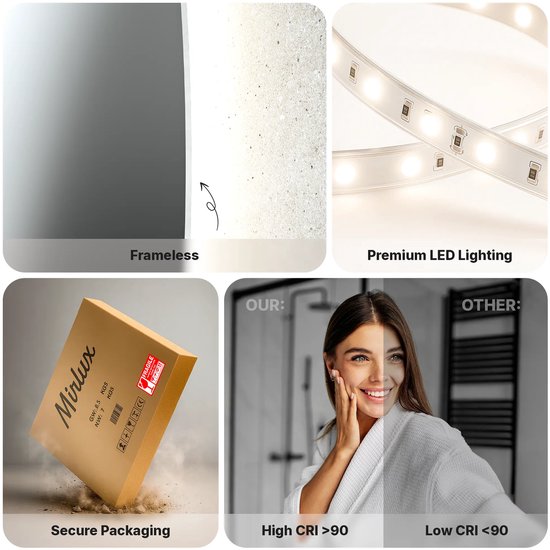 Mirlux Badezimmerspiegel mit LED-Beleuchtung – Asymmetrischer Wandspiegel – Beschlagfreier Duschspiegel – 120 x 60 cm