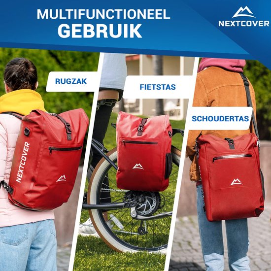 NEXTCOVER® NEW 3-in-1 Fahrradtasche für Gepäckträger [Aquashield] - Reflektierende Gepäcktasche wasserdicht - Rucksack und Umhängetasche [25 Liter]- Rot
