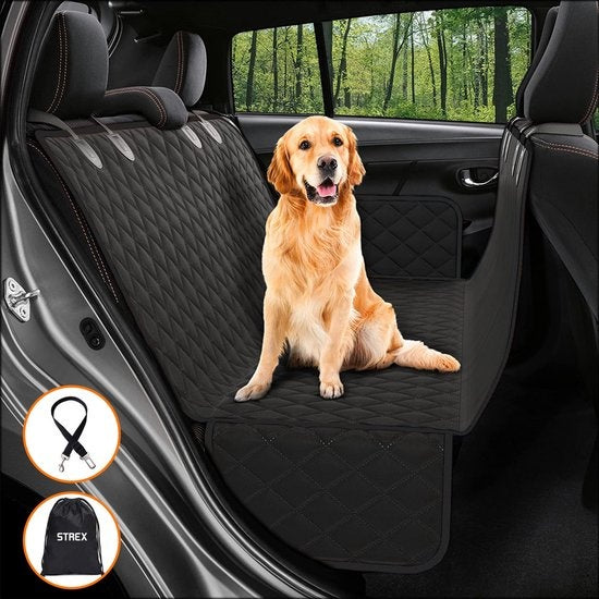 Strex Hundedecke Auto Rücksitz und Kofferraum - 137 x 147 CM - Schutzhülle - Hundedecke - Auto Autoteppich Rücksitz - Inkl. Hundeleine und Aufbewahrungstasche - SCHWARZ