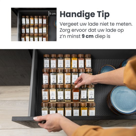Organess Gewürzregal mit 28 Gewürzdosen - Gewürzregalschublade - Gewürzorganisation - Küchenschubladenorganisation - Komplettset - 4 Stück - Akazie