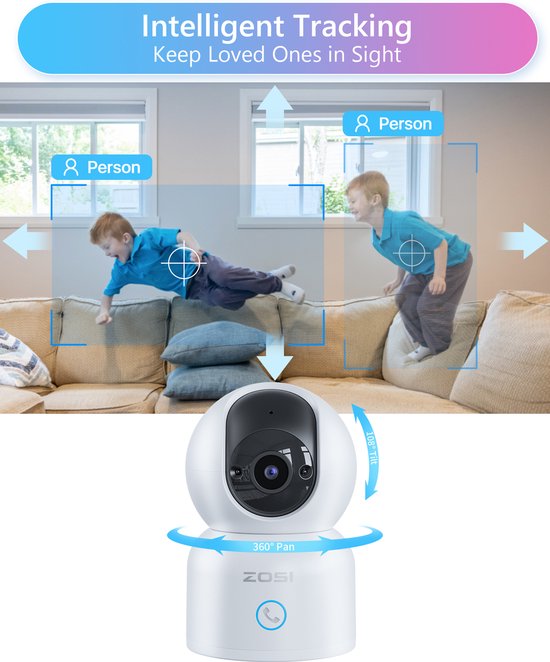 Fuegobird ZOSI C518 Indoor IP Kamera - 3MP - Gegensprechfunktion - Sicherheitskamera - Haustierkamera - Babykamera - Kompatibel mit 2.4G/5G WIFI - Funktioniert mit App - Weiß