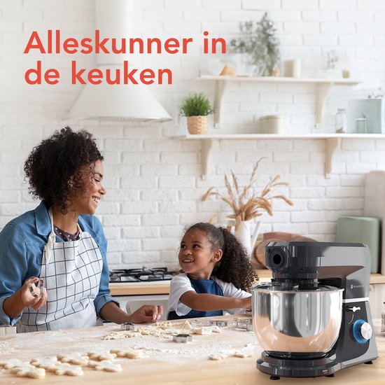 KitchenBrothers Küchenroboter - 6-in-1 Küchenroboter - 1500W - Mit Fleischwolf, Mixer und 15 Zubehörteilen - 6,2L Edelstahlschüssel - Anthrazit