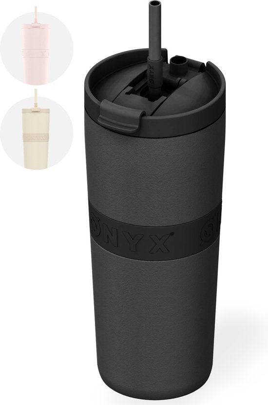 ONYX Trinkflasche mit Strohhalm 700ML - Wasserflasche für Kinder & Erwachsene - Thermoskanne Edelstahl-Reisebecher - Motivations-Trinker - Trinkbecher für die Schule - Schwarz