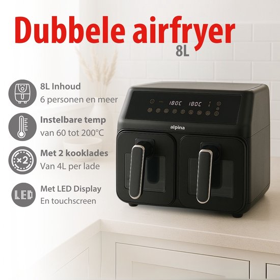 alpina Doppel-Airfryer XXL – Heißluftfritteuse 2x4 l – Airfryer mit digitalem Touchscreen – Heißluftofen für 6 Personen und mehr – 8 Kochprogramme – Sync-Modus – Timer-Funktion