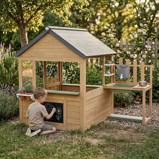 AXI Lizz Spielhaus Braun/Anthrazit – Holzspielhaus mit Spielküche, Kreidetafel, Spiegel, Blumentöpfen und Zubehör – FSC-zertifiziertes Holz – Gartenhaus für Kinder – 10 Jahre Garantie