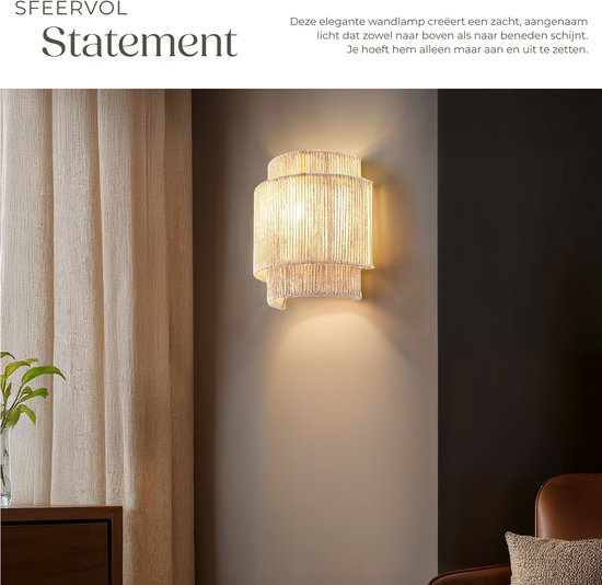 tectake® Wandleuchte Lignea Lux - 40W - 12 x 23 x 25,5 cm - E14 - Wandleuchte für Wohnzimmer, Schlafzimmer, Esszimmer - Boho Style Burlap Lamp - Treppenhausbeleuchtung - halbrund