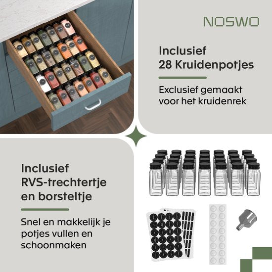 Noswo Gewürzregal Schublade - Mit 28 Gläsern - Komplettset - Quadratisch - Streudeckel und Etiketten - Gewürzorganisator - Küchenschubladenorganisator - Schwarz