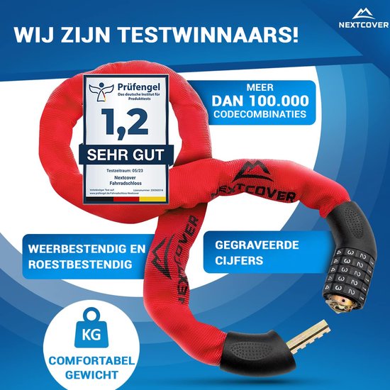 NEXTCOVER® - Digit Lock Fahrradschloss - Das Original - [SAFESECURE] - Fahrradschloss mit 5-stelligem Zahlencode, Zahlenschloss Fahrradstahl - Rot