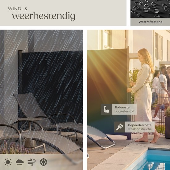 tectake® Ausziehbarer Windschutz mit Aufrollmechanismus – 300 x 160 cm – Seitenmarkise mit Aluminiumrahmen – Sonnenschutz – Gartenschutz – Schwarzer Balkon-Windschutz – Undurchsichtiger Sichtschutz – Markisentuch
