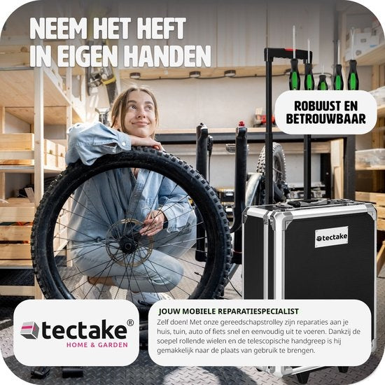 tectake Werkzeugkoffer, Werkzeugset, Werkzeugkoffer gefüllt 1200-teilig, Werkzeugwagen, 4-Ebenen-Werkzeugkoffer, Aluminiumkoffer mit Rollen und Teleskopgriff - schwarz