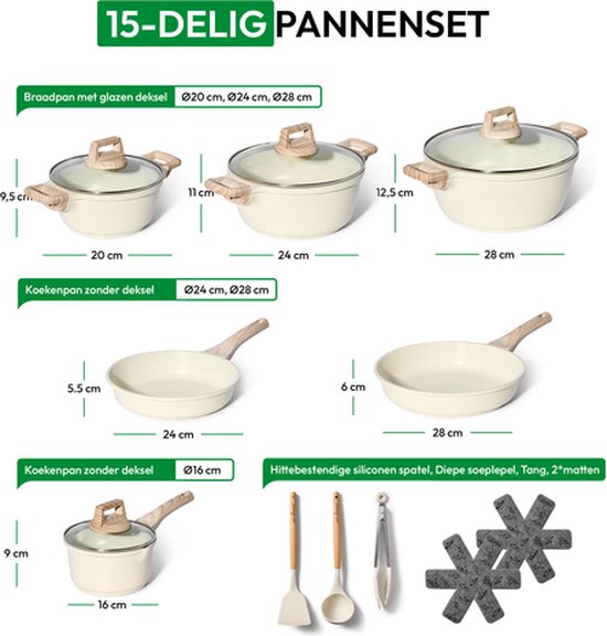 Just Perfecto 15-teiliges Induktionskochgeschirrset - Beigefarbenes Kochgeschirrset mit Deckel für Gas und Induktion - PFAS-frei - Kalte Griffe