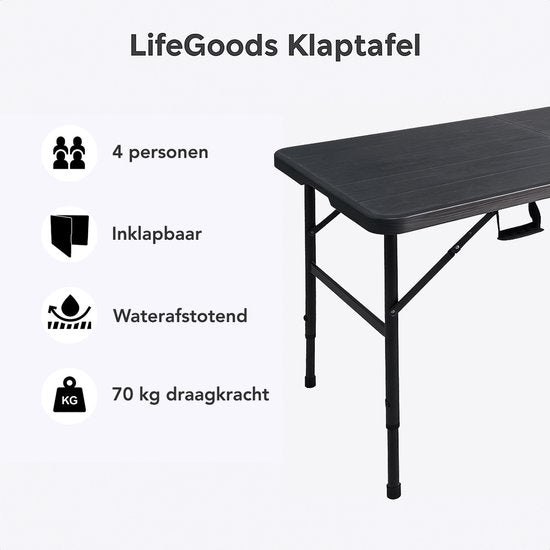 LifeGoods Zusammenklappbarer Tisch - 124x61,5 cm - Stabiler Klapptisch - Wetterfest - Zusammenklappbarer Esstisch - Campingtisch - Klapptisch für drinnen und draußen - Schwarze Holzmaserung