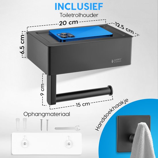 Happy Goods Toilettenpapierhalter mit Ablage und Tablett - Selbstklebend / Bohren - Toilettenpapierhalter Schwarz ohne Bohren - Edelstahl - INCL. Handtuchhaken
