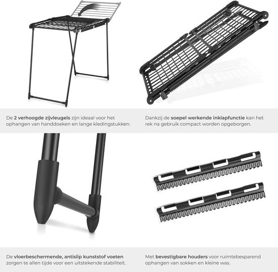 tectake® Wäscheständer – Wäschetrockner – 18 Meter Trockenlänge – zusammenklappbar – Standmodell – Wäscheständer mit 2 Halterungen für kleine Wäsche – hohe Seitenflügel für lange Kleidungsstücke – schwarz