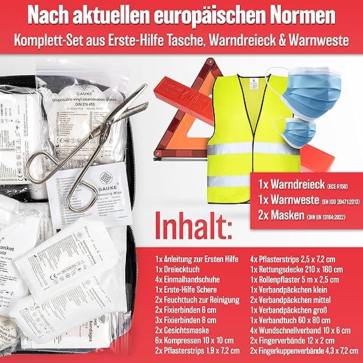 Heroism 3-in-1 Car First Aid Kit 2026 - Erste-Hilfe-Kasten, Warndreieck & Sicherheitsweste, EU-konform