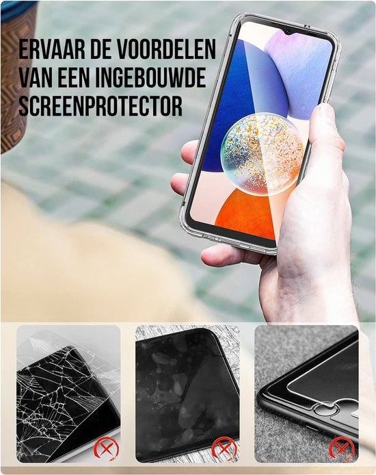 Podec 2-in-1-Hülle mit Displayschutzfolie, passend für das Samsung Galaxy A14 – Transparente Handyhülle – Stoßfeste Schutzhülle