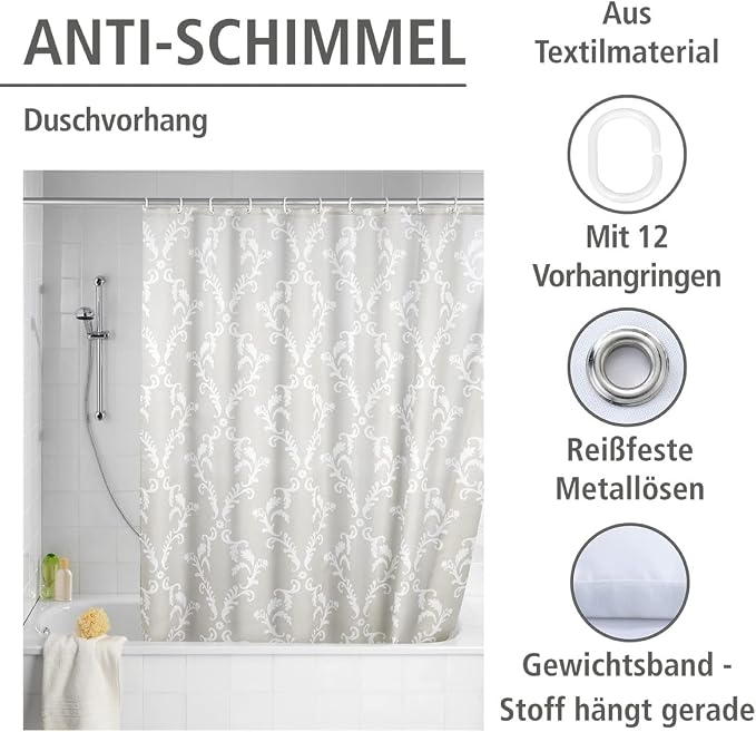 Wenko Baroque Duschvorhang Blau – 180 x 200 cm – Schimmelschutz