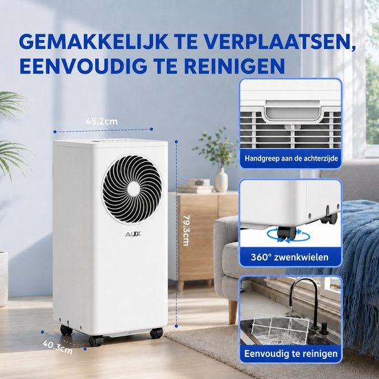 AUX 3-in-1-Mobilklimaanlage 9000 BTU (bis zu 36 m²), Energieeffizienzklasse A, WLAN & Fernbedienung, 4 Betriebsstufen, Selbstdämpfung, Kältemittel R290, waschbarer Filter, inklusive Fensterhalterung
