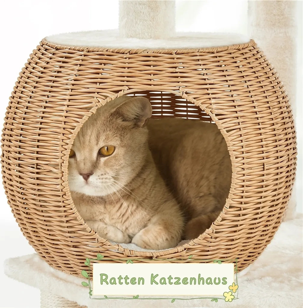 Yaheetech Kratzbaum 137,5 cm aus Rattan mit Katzenhaus, beige