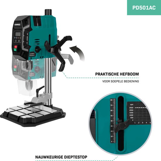 VONROC Säulenbohrmaschine 900W - Tischbohrmaschine - Digitales Bedienfeld mit LCD-Display - Kreuzlinienlaser und LED-Arbeitsleuchte - Inkl. Schnellspanner, Bohrzwinge und Parallelführung