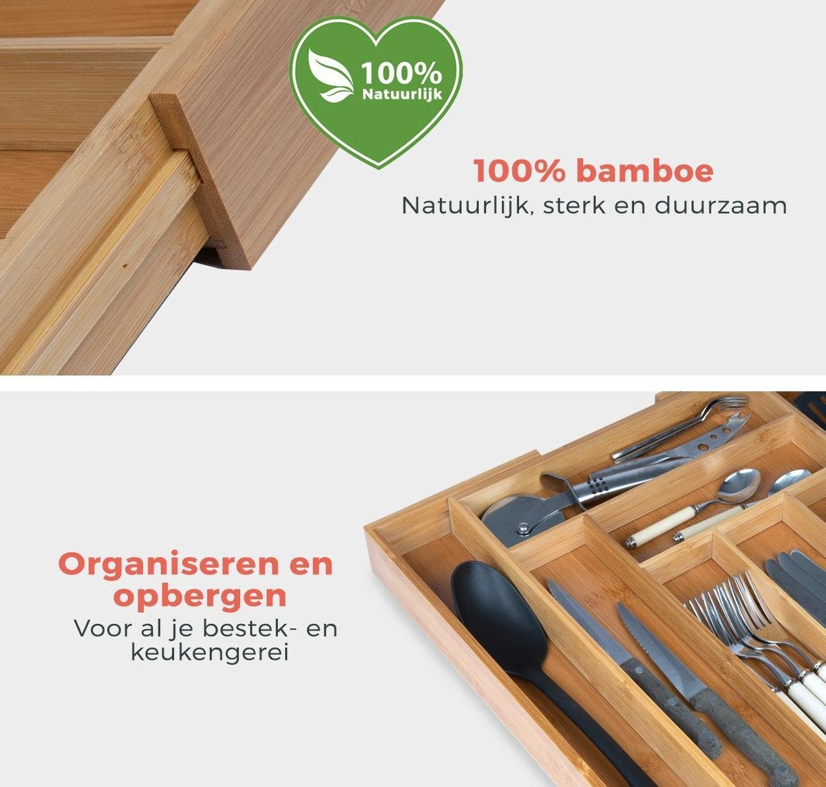 KitchenBrothers Besteckkasten - Verstellbare Besteckschublade - 30 bis 44.5cm - Bambusholz