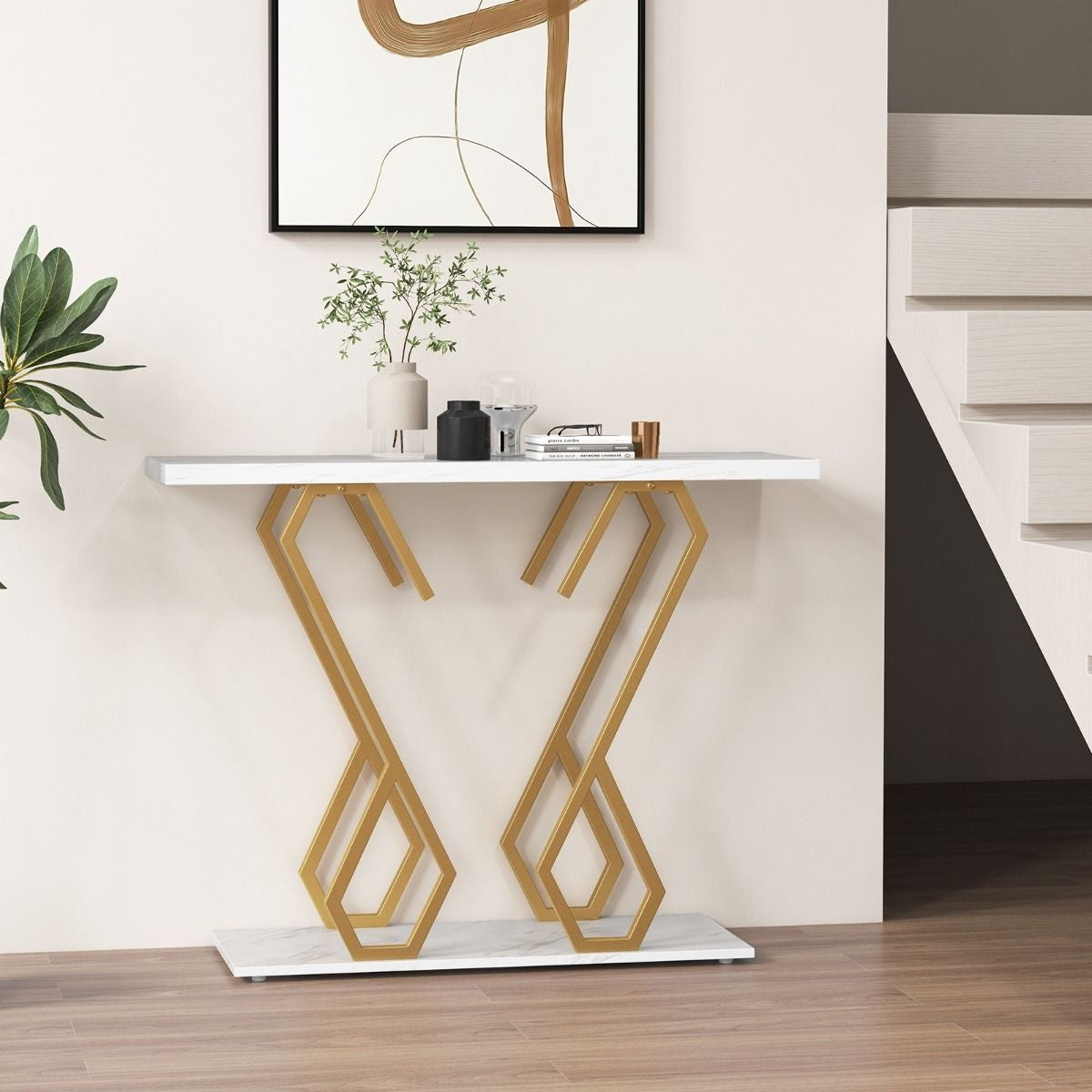 Coast Beistelltisch - Marmoroptik - 100 x 30 x 79 cm - Weiß/Gold