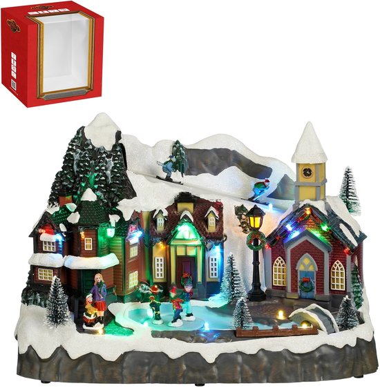 Luville Weihnachtsdorf – Miniatur-Dorfplatz – Weihnachtsdekoration mit Schlittschuh laufenden Bewohnern – Weihnachtsdekoration mit LED-Beleuchtung und sich drehenden Figuren – L 34 x B 18 x H 24 cm – Weiß