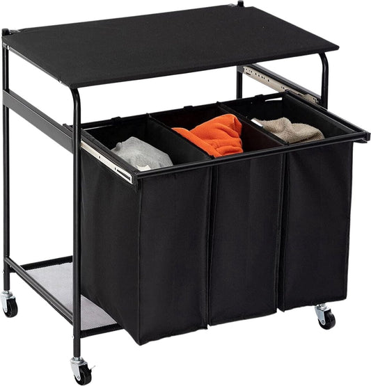 Niceey Wäschekorb auf Rädern - 3 ausziehbare Fächer - Schwarz