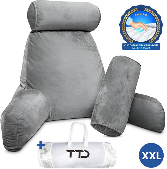 TTD® Premium XXL Lesekissen mit Nackenrolle - Lesesitz - Lesekissen fürs Bett - Ergonomisches Sitzkissen mit verstellbarer Polsterung - Buchkissen - Inklusive extra Minikissen - Samtig weich - Waschbarer Bezug