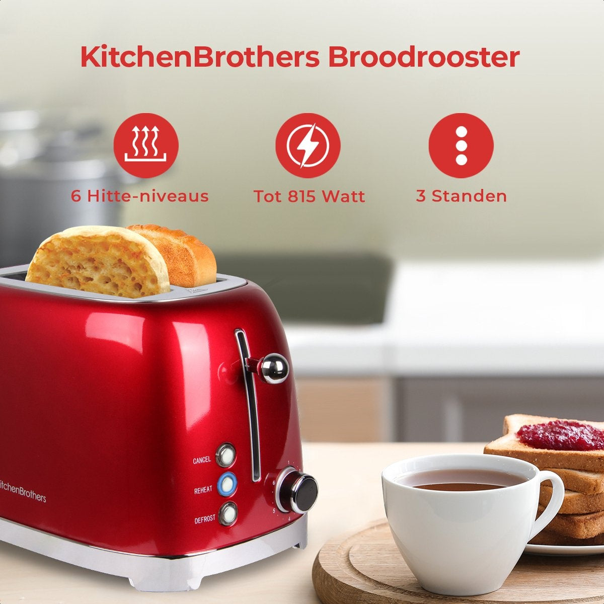 KitchenBrothers Retro-Toaster - 6 Heizstufen - 2 extra breite Schlitze - 1630W - Aufwärm- und Auftaufunktion - Rot