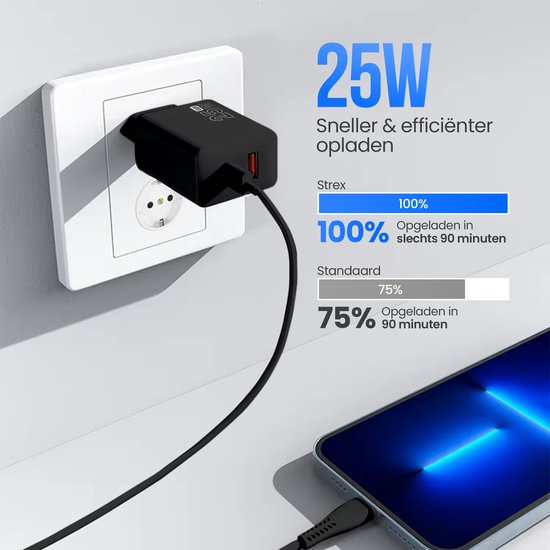 Strex USB-C & USB-A Schnellladegerät 25W - GaN-Ladegerät mit PD 3.0 & QC 3.0 - inkl. USB-C Kabel - Schwarz