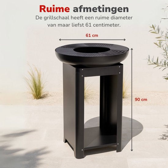 Alpina 3-in-1-Feuerkorb und Grillplatte – Gartenkamin 61 x 90 cm – mit Teppanyaki-Grillplatte – Plancha-Grill mit Holzlager – Feuerkorb für den Außenbereich – Metall