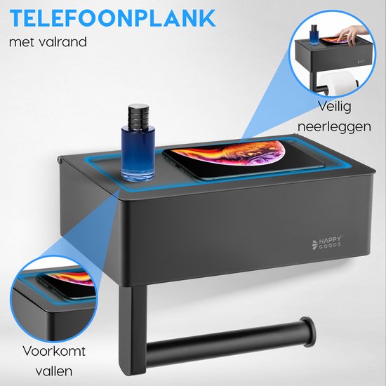 Happy Goods Toilettenpapierhalter mit Ablage und Tablett - Selbstklebend / Bohren - Toilettenpapierhalter Schwarz ohne Bohren - Edelstahl - INCL. Handtuchhaken