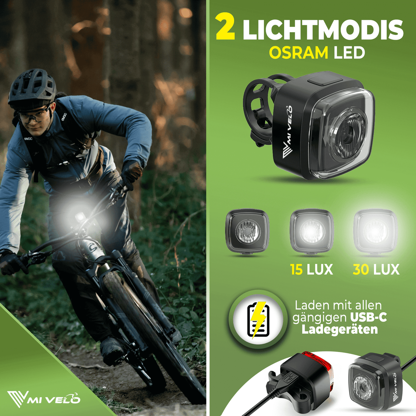 Mivelo - LED Fahrradlicht-Set - USB aufladbar - mit Bremslicht - Schwarz