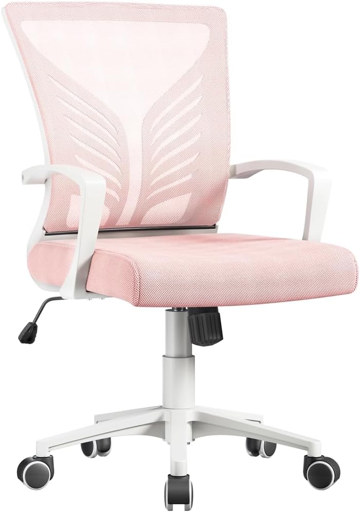 Yaheetech Drehbarer Bürostuhl – Netzgewebe – Rosa – Ergonomische Lendenwirbelstütze – Höhenverstellbar – Neigungsfunktion