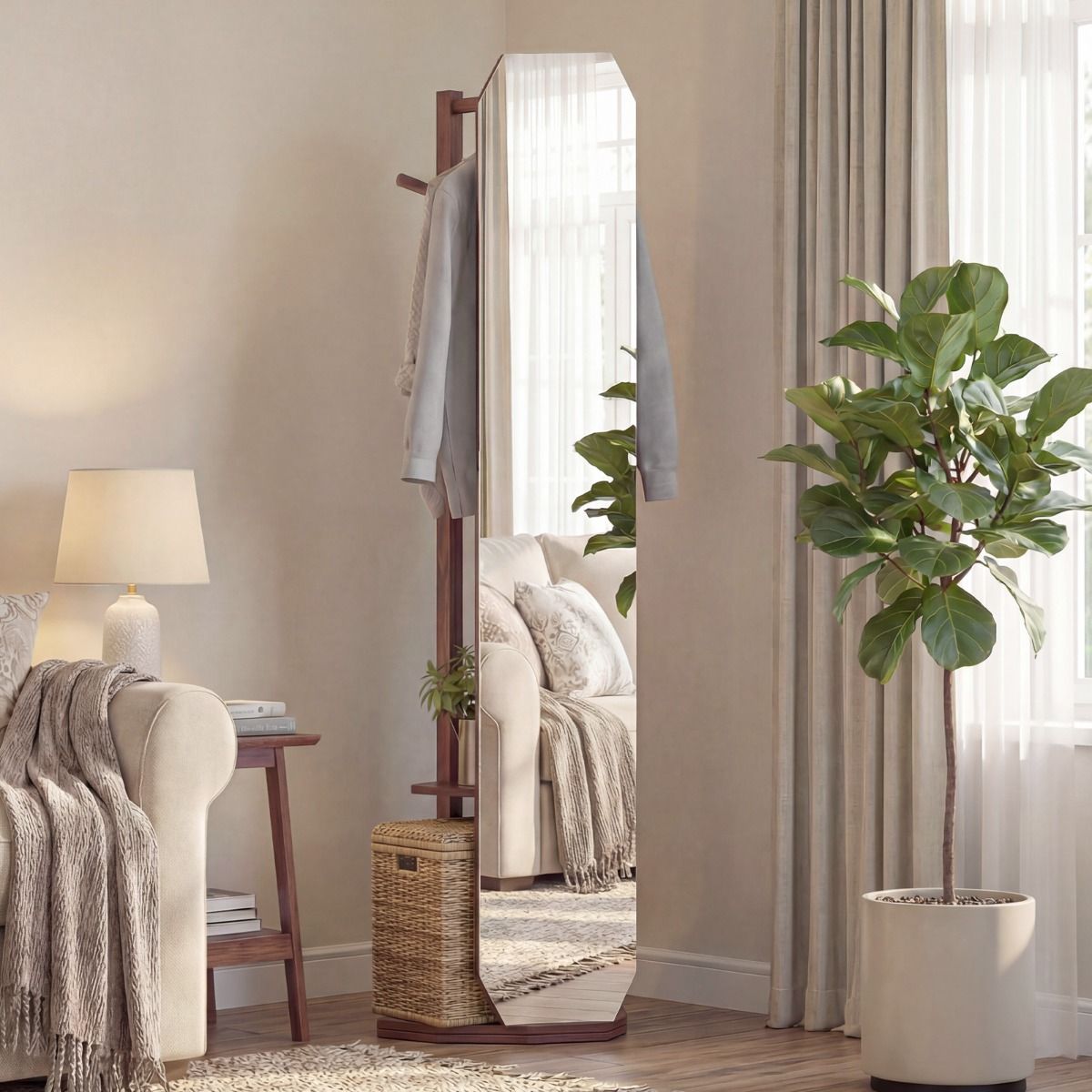 Coast Ganzkörperspiegel mit Ständer – 3-in-1-Garderobe – um 360° drehbar – Walnuss