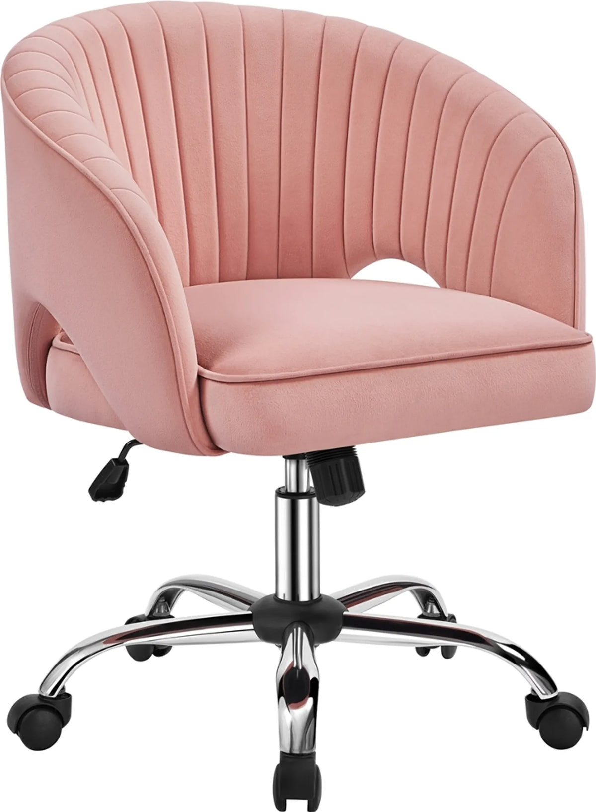 Yaheetech Bürostuhl mit Schaukelfunktion - mit höhenverstellbarem Gaslift und 360° drehbaren Rädern und vertikalem Muster - für Büro und Empfangshalle - rosa Samt und Metall - 60 x 56,5 x 73-83 cm