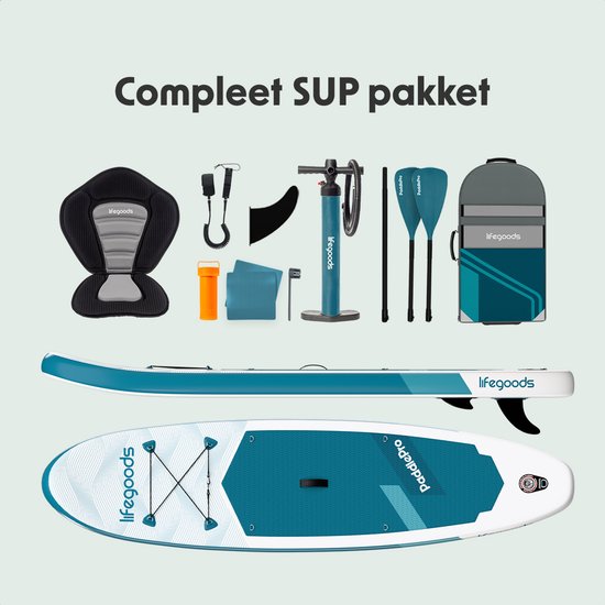LifeGoods SUP Board All-round Compact - Mit Sitz - 100 KG Tragfähigkeit - 300 x 76 cm - Aufblasbar - Komplettes SUP Paket - Deep Aqua