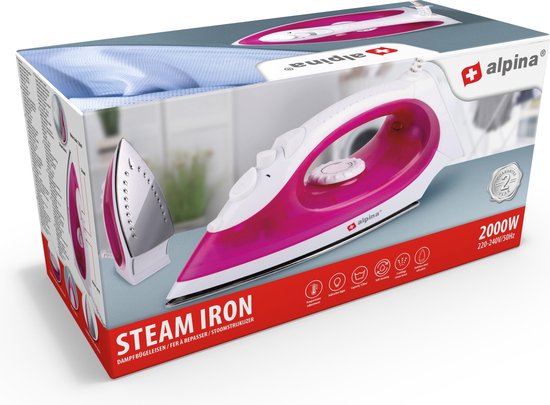 alpina Dampfbügeleisen - 2000 Watt - stufenlose Temperatur - Dampfstoß - Sprühfunktion - Edelstahlsohle - Pink