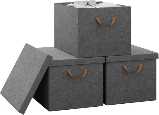 WOLTU Aufbewahrungsbox mit Deckel, 3er-Set, zusammenklappbar, grau, 48 x 36 x 30 cm, ABB04gbn-3