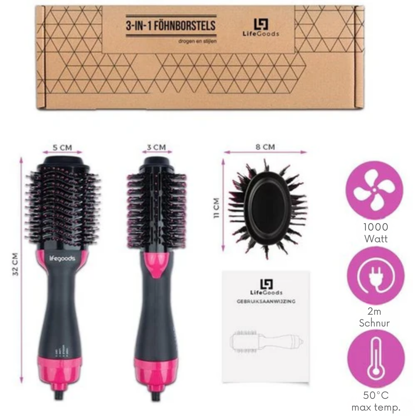 Auronic 3-in-1 Haartrocknerbürste - Rund - Lang/Kurz/Style/Locken - Schwarz/Pink