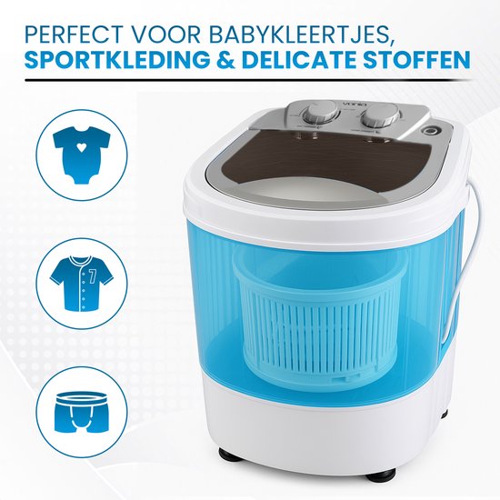 Vonia Mini Washer - Kleine Waschmaschine - Mit Wäscheschleuder und Top-Loading - Waschkapazität 2,6 kg - Energieeffizient - Weiß/Blau