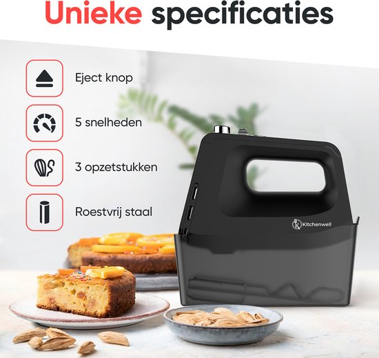 Kitchenwell - Handrührgerät - 10 Geschwindigkeitsstufen mit Turbofunktion - Knethaken und Rührbesen - Aufbewahrungshalter - schwarz