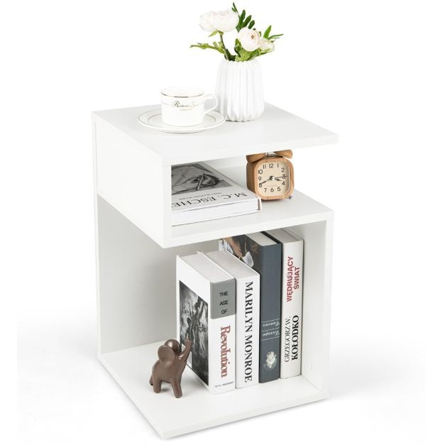 S'-förmiger Wohnzimmer Bank Beistelltisch mit 2 offenen Gewölben Kleiner Couchtisch mit geometrischem Design Weiß
